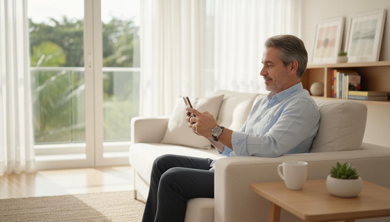 Homem relaxed lendo notícias no celular